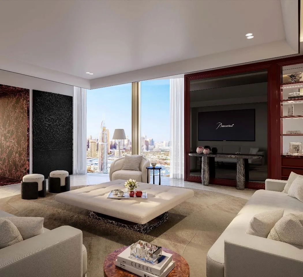 Dubai Luxury Residence Living Space with Minimalist Seating and View of Downtown Skyline