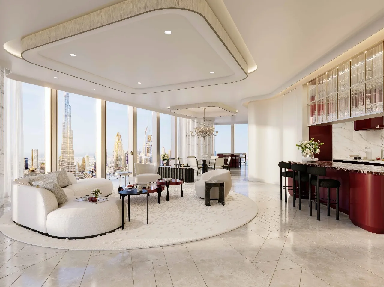 Luxury High-Rise Living Room with Curved White Furniture and Panoramic City Views of Dubai